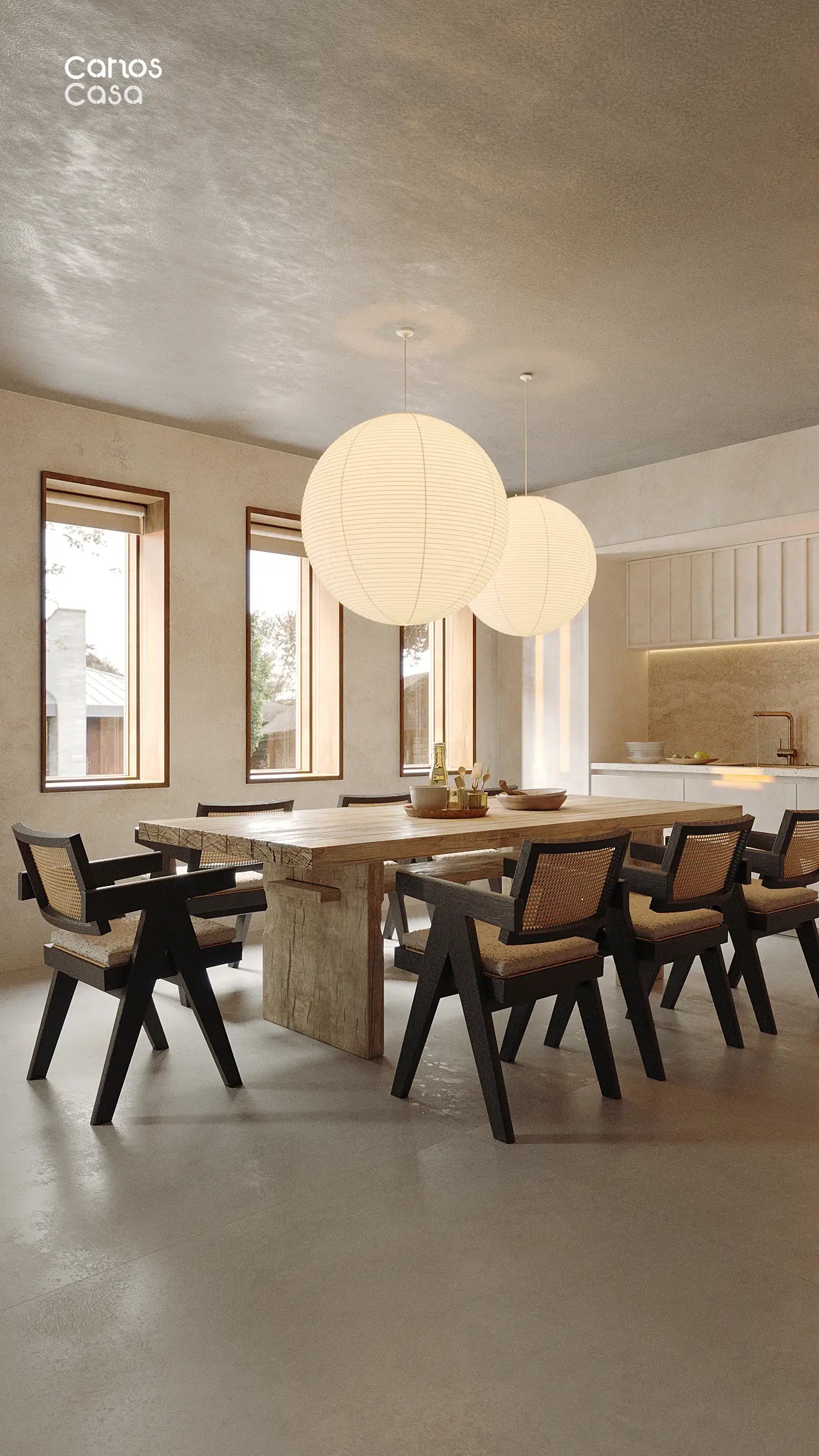 carloscasa Jeanneret's architectural teak dining chairs with handwoven cane detailing create perfect tension against the rustic table. Above, Noguchi's floating Akari pendants cast a gentle glow that transforms meals into moments. Wabi-sabi perfection for the discerning collector. #midcenturymodern #chandigarhchair #noguchiakari #vintagedining #designerchair #japanesedecor #teakfurniture #wabisabi