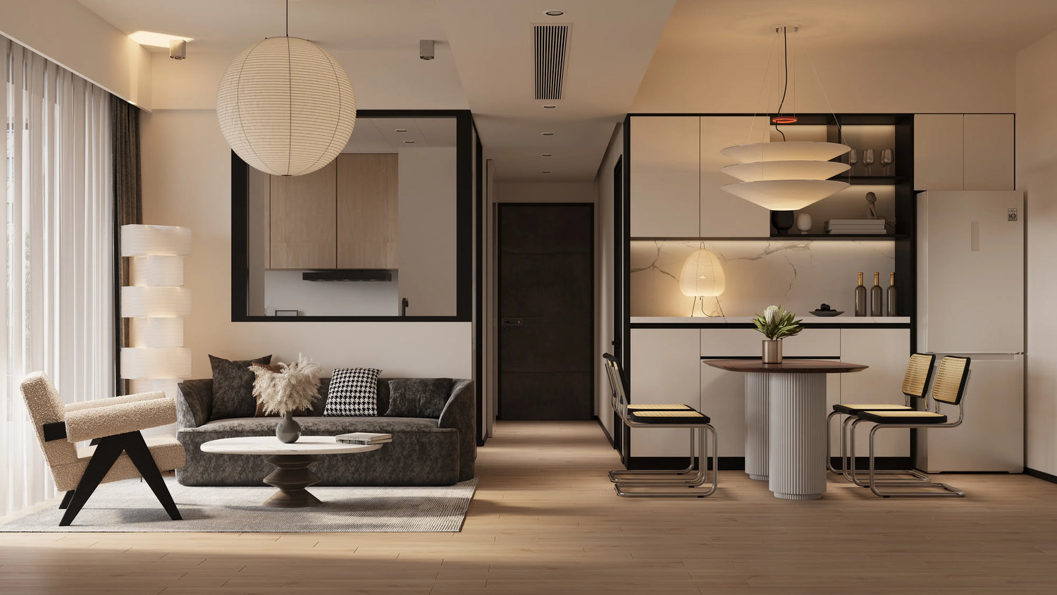 Modern living-dining space with beige boucle armchair, rattan dining chairs, and Japanese paper lamps, showcasing front view of open-concept layout.