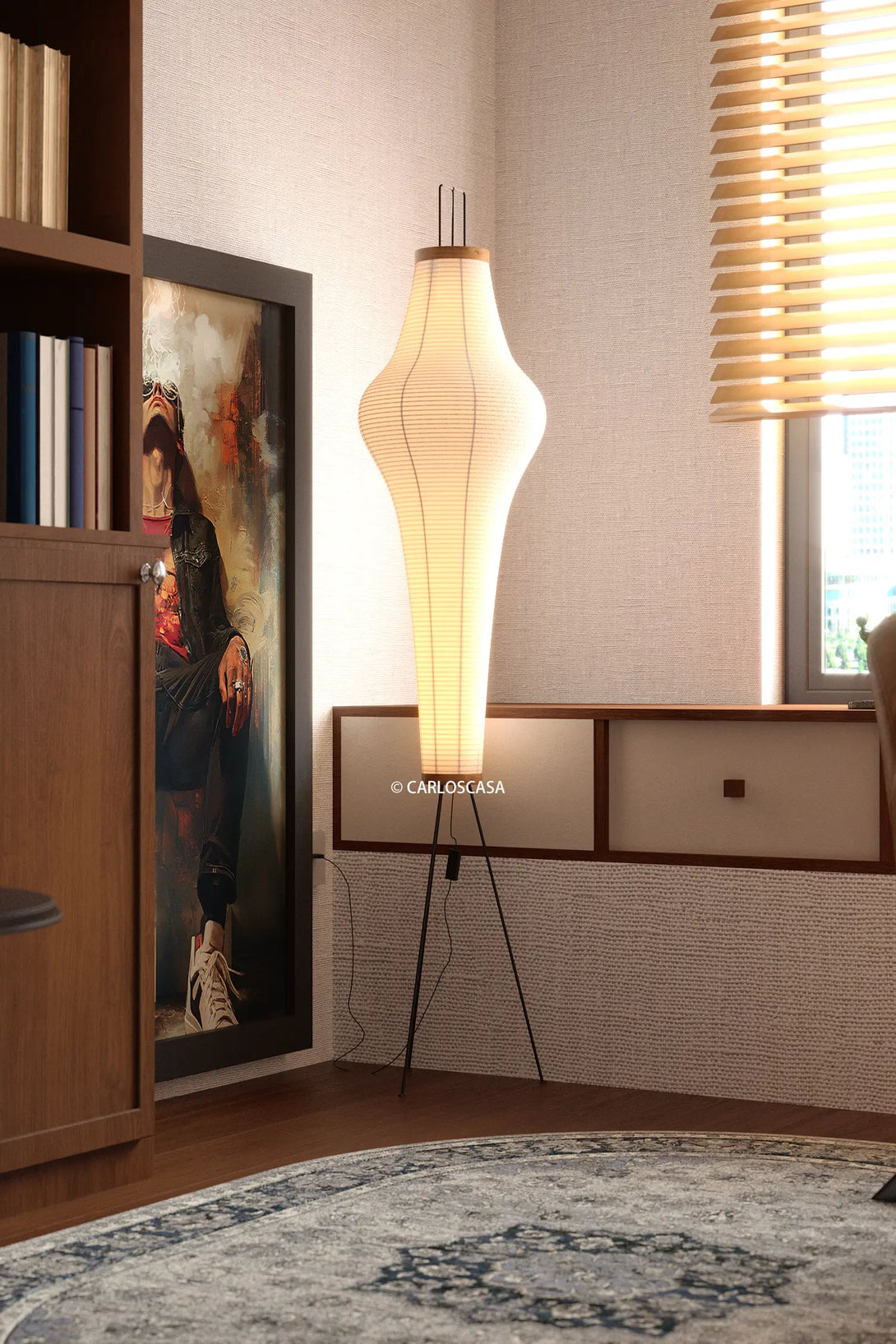 Carlos CASA Japandi style living room with Isamu Noguchi Akari 14A floor lamp in action1