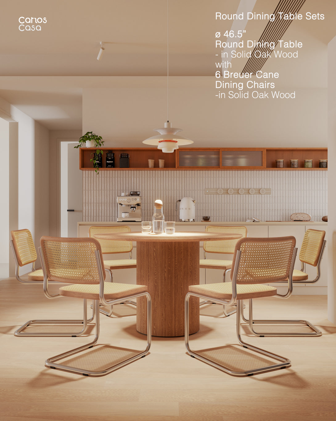 Round dining table set with six Breuer Cane chairs in a modern kitchen setting.
