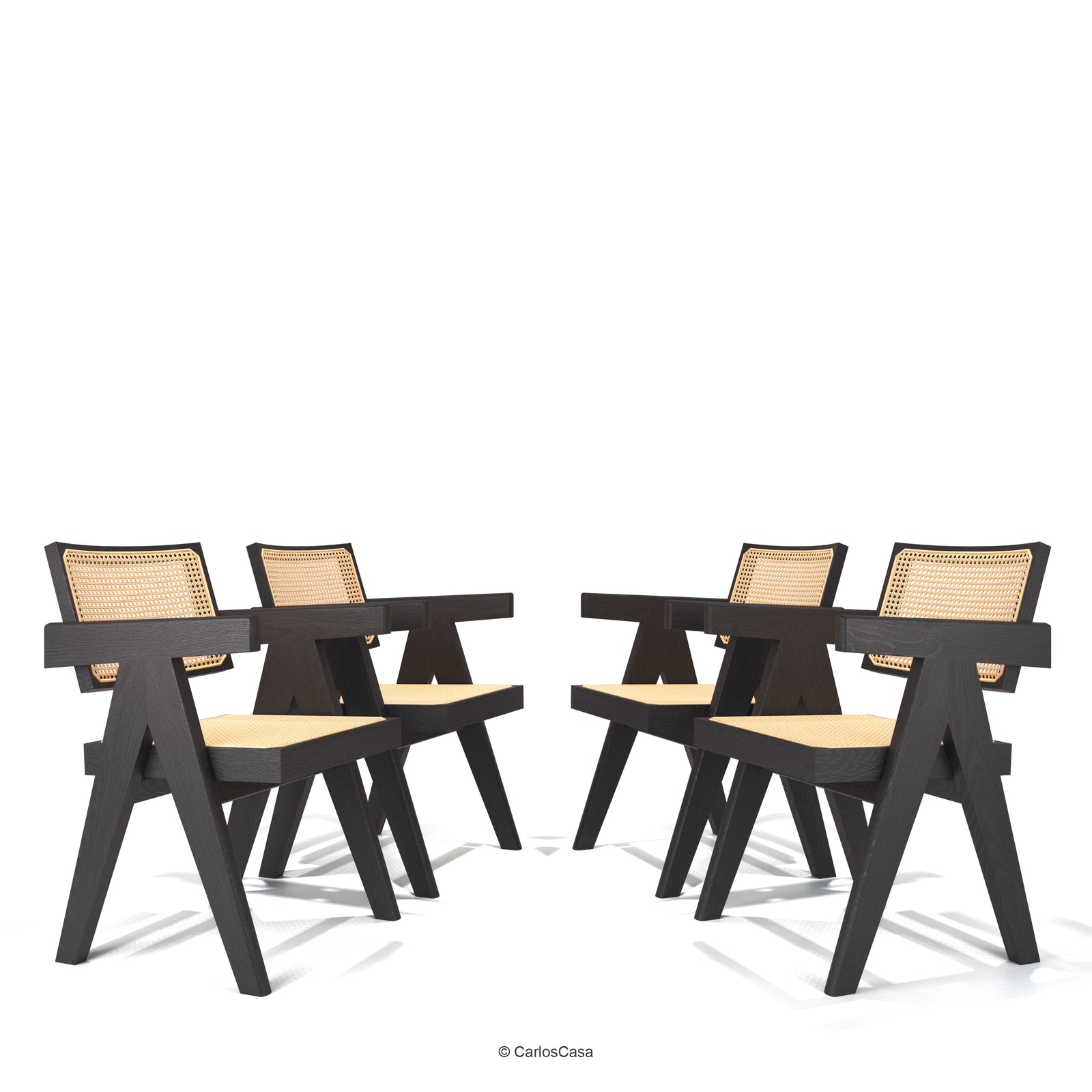 Pierre Jeanneret Chandigarh Armchairs SET OF 4 in Stained Black On Solid Ash Wood