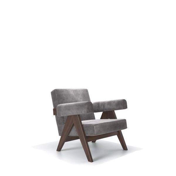 Pierre Jeanneret Capitol Complex Chandigarh Armchair Dark Walnut Oak & Dark Grey Velvet