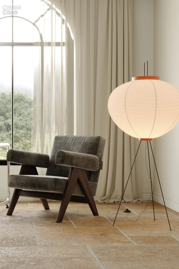 Pierre Jeanneret Capitol Complex Chandigarh Armchair Dark Walnut Oak & Dark Grey Velvet & Isamu Noguchi Akari 10a Washi Paper Lantern Floor Lamp