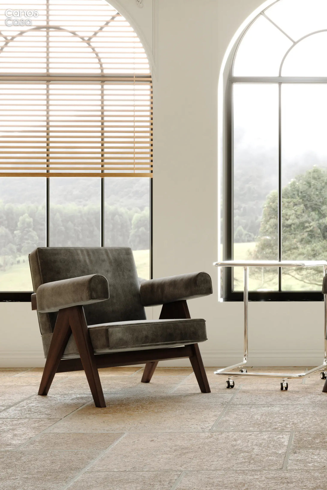 Carlos CASA Pierre Jeanneret Capitol Complex Chandigarh Armchair Dark Walnut Oak & Dark Grey Velvet & Isamu Noguchi Akari 10a Washi Paper Lantern Floor Lamp