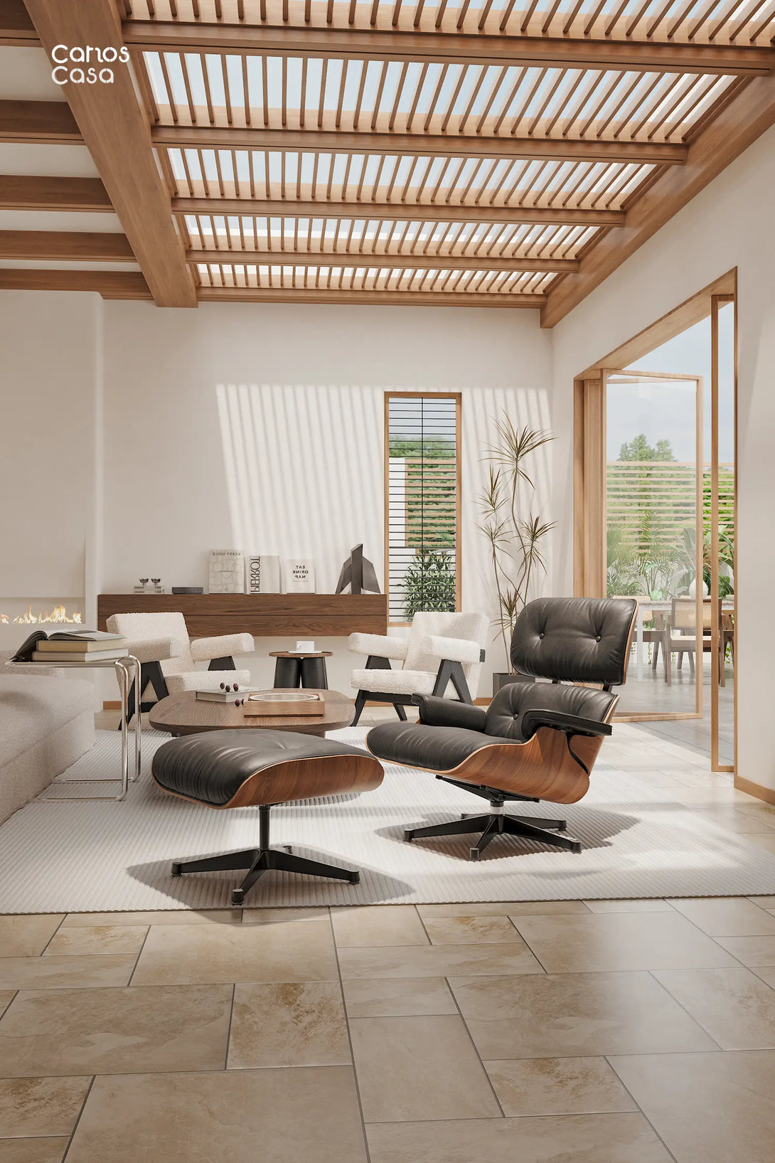 Carlos CASA Mid Century Modern Accent Eames Lounge Chair with Ottoman in Walnut Wood & Genuine leather